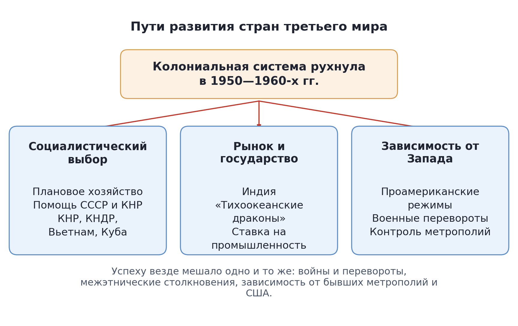 Схема: три пути развития стран третьего мира — социалистический выбор, рынок под контролем государства, зависимость от Запада