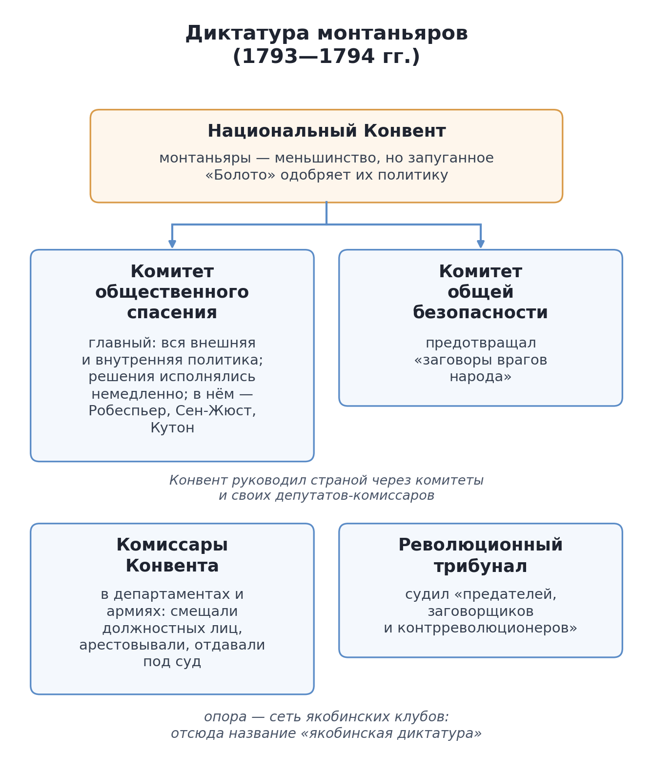Схема диктатуры монтаньяров 1793—1794 гг.: Национальный Конвент, где монтаньяры в меньшинстве, но запуганное «Болото» одобряет их политику; под ним Комитет общественного спасения (вся внешняя и внутренняя политика, решения исполнялись немедленно) и Комитет общей безопасности; комиссары Конвента в департаментах и армиях и Революционный трибунал; опора — сеть якобинских клубов