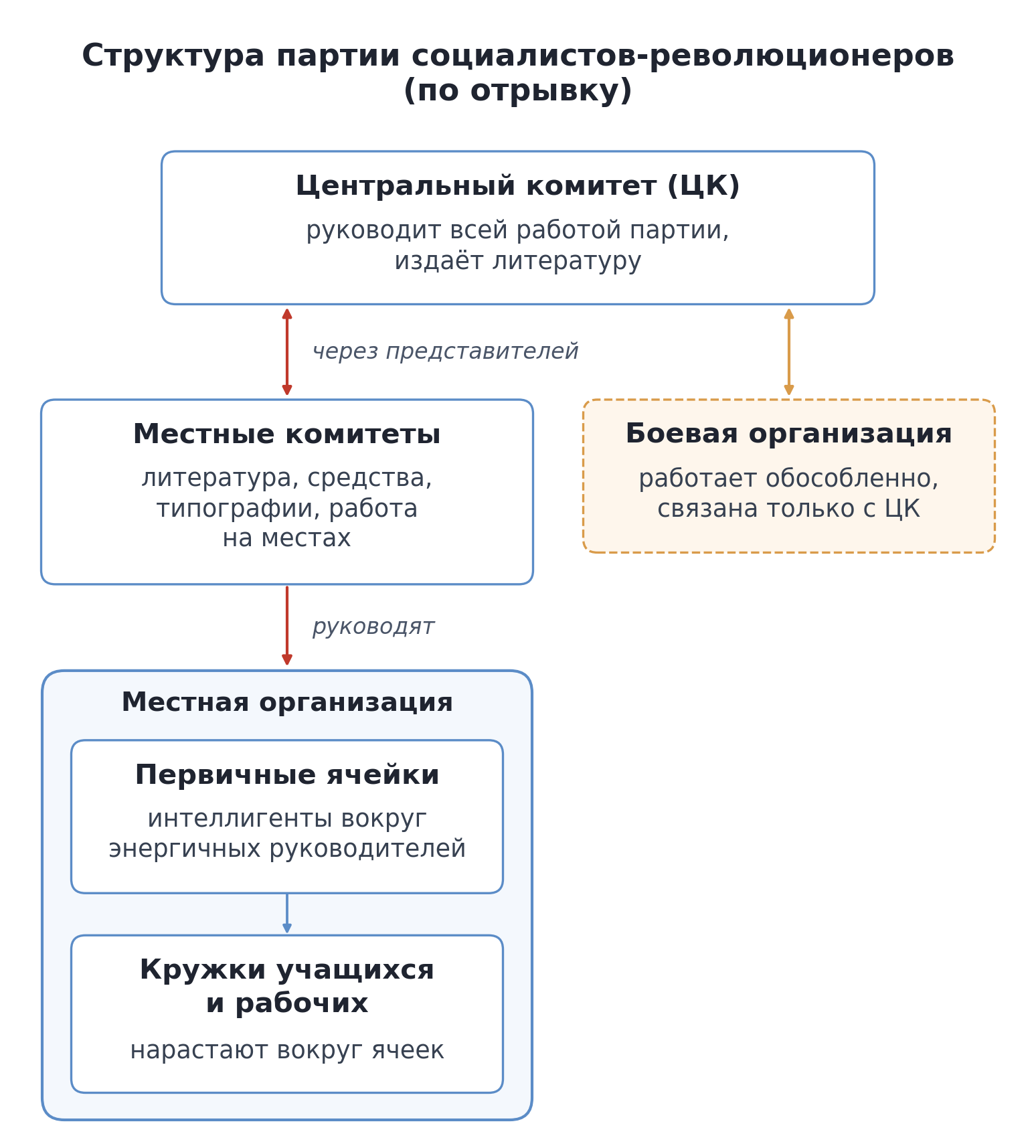 Схема: структура партии эсеров по отрывку — Центральный комитет; местные комитеты, связанные с ним через представителей; местная организация из первичных ячеек и кружков учащихся и рабочих; Боевая организация, связанная только с ЦК