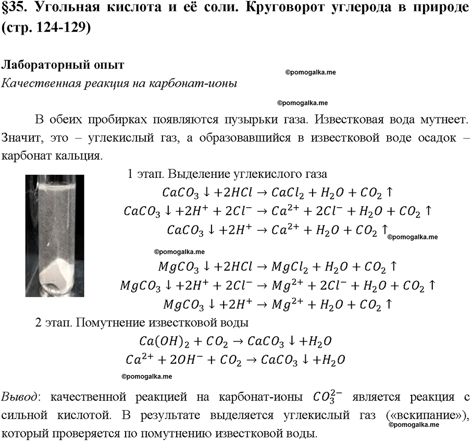 §35. Угольная кислота и ее соли. (стр. 124-129). Лабораторный опыт. Задание №1 химия 9 класс Рудзитис